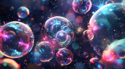 In a mystical realm, amidst a void of darkness, a congregation of ethereal orbs materializes,