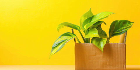 Plant growing in a cardboard box on simple colored background with copy space