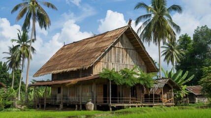 Fototapeta premium Traditional wooden house on stilts in tropical landscape.