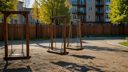 Charming swings in the yard of a beautiful house, surrounded by lush greenery and blooming flowers.