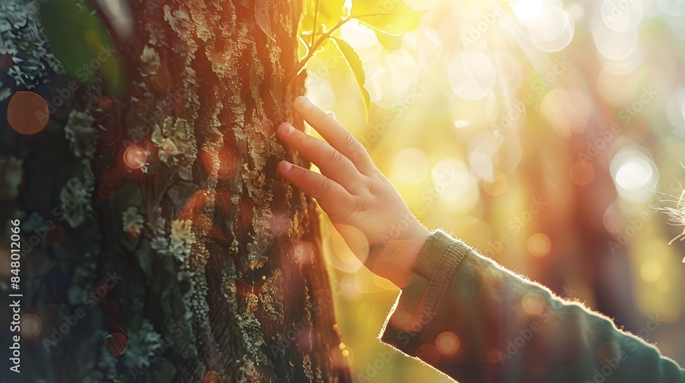 Poster child's hand touching tree trunk in double exposure symbolizing connection and roots of life