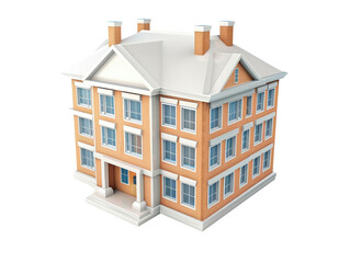 A large brick building with a white roof and a white trim