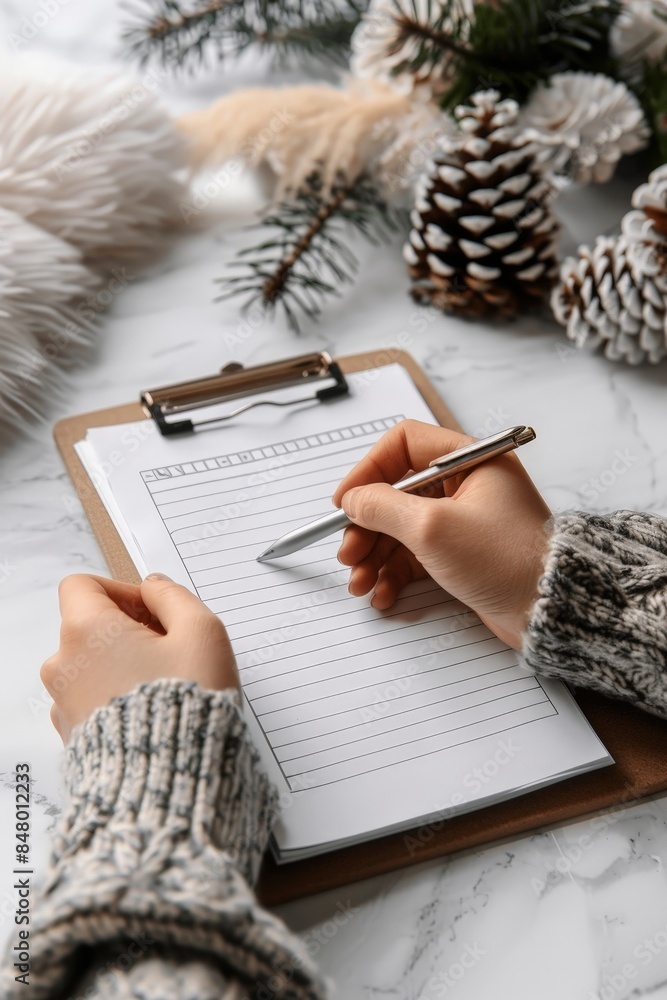 Poster minimalist task management: hand holding clipboard with to-do list and pen checking completed tasks 