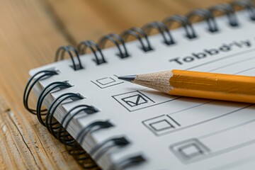 Productivity at Work: Handwritten To-Do List on Wooden Desk with Notebook and Pencil