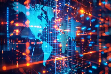 Abstract image of a digital world map with blue and orange lights representing global connectivity and data networks.