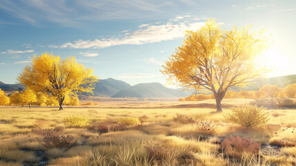 Obraz premium spring golden yellow trees in the middle of the ground The sun shines behind the distant mountains