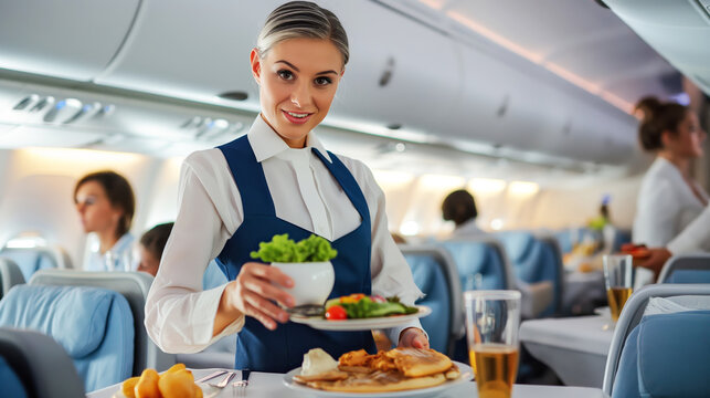 Smiling flight attendant serves a meal to passengers on an airplane.
