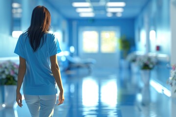 Nurse Walking Down Hospital Corridor