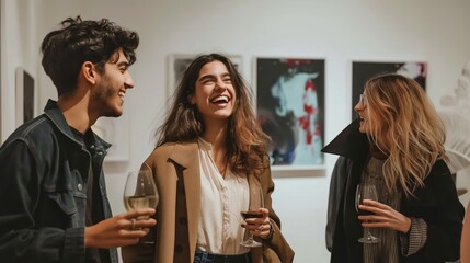 Friends laugh and talk while enjoying drinks at an art exhibit, immersed in the colorful paintings.