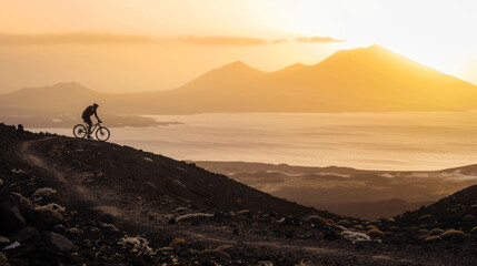 Mountain biker on a scenic trail at sunset in Lanzarote, Spain