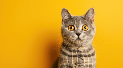 British Short Hair Cat Looking Surprised Isolated on Tartan Yellow Background