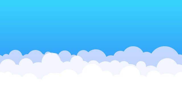 Animated cute white cartoon clouds on bright blue summer sky background with parallax effect