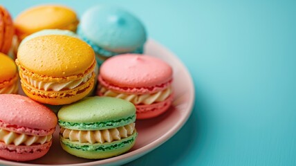Fototapeta premium Colorful macarons on plate against blue background