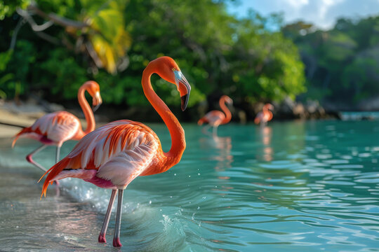 Flamingo on tropical beach abstract background. Generative ai.