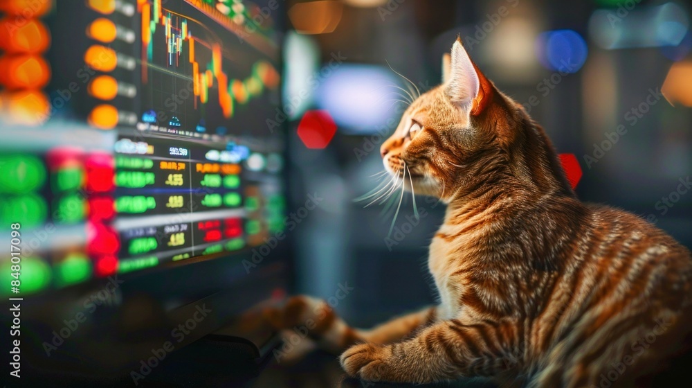 Aufkleber cat analyzing stock market data on computer screen. generative ai