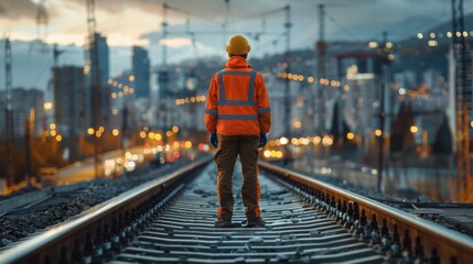 Railway worker standing on tracks at dawn