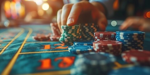 Close-up of a hand placing poker chips on a casino table, with a blurred background, capturing the thrill and excitement of gambling.