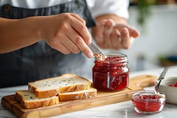 A chef applies strawberry jam on a slice of toast with a backdrop of a well-equipped kitchen indicating meal preparation