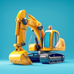 Obraz premium Cartoon Yellow Excavator Toy on Blue Background. Generative ai