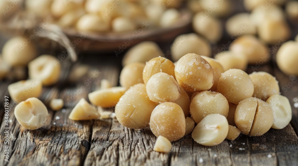 Poster Macadamia nuts roasted and salted displayed on a wooden surface