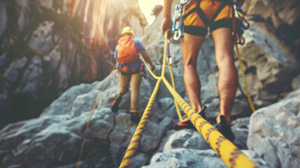 Group of rock climbers ascending a mountain with safety ropes