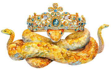 Fototapeta premium Gold Snake Is Wearing A Crown, Watercolor, Illustrations, Isolated On A Transparent Background.
