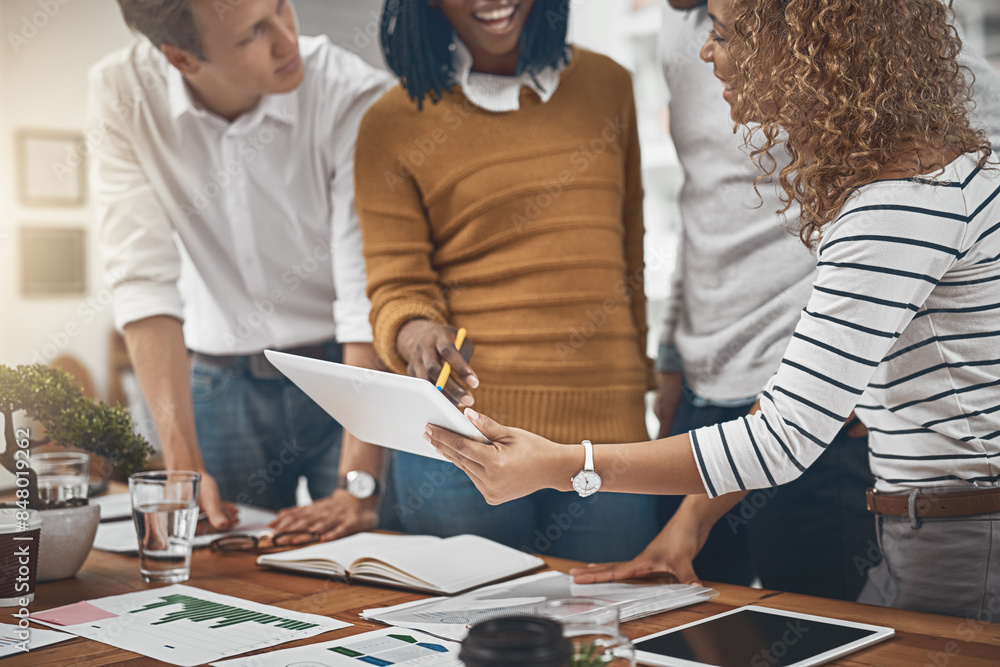 Poster Group, people and tablet for data analysis in company as web developer in digital agency, workshop or office. Team, business meeting and collaboration with diversity, growth or career in brand design