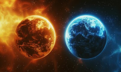 Obraz premium Earth and Sun in Cosmic Contrast. Generative ai