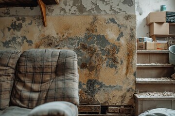 Old tattered armchair next to a moldy, peeling wall and a cluttered shelf, showing signs of decay and neglect.