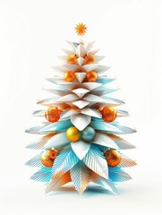 Christmas Tree with White and Orange Ornaments on White Background. Generative ai