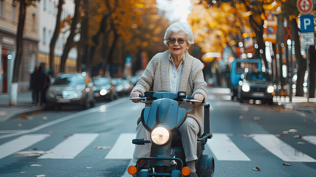 An elderly woman on a scooter rides around the city