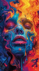 Woman dissolving into colorful abstract paint dripping effect