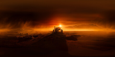 sunset in the desert, Mars rover standing in the dark 8K VR 360 Spherical Panorama