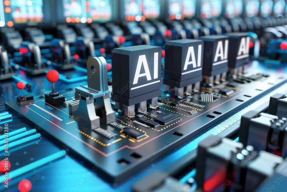 Poster ai microchip on a high tech circuit board, representing advancements in artificial intelligence hard