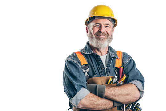 Smiling Senior Construction Worker in Hard Hat and Overalls on White Background
