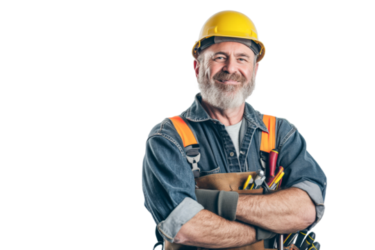 Smiling Senior Construction Worker in Hard Hat and Overalls on White Background