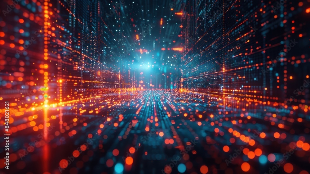 Poster dynamic digital landscape with glowing data nodes and lines, representing concepts of technology, ne
