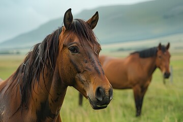 Fototapeta premium A couple of brown horses standing on top of a lush green field