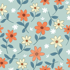 Colorful blooming flowers on dark green background seamless pattern for fabric textile wallpaper.