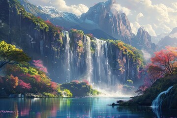 Stunning mountain landscape with a majestic waterfall cascading into a serene lake, surrounded by lush foliage and vibrant, colorful trees.