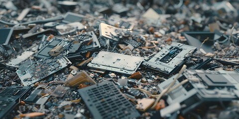 Selective focus on futuristic fusion of electronic waste in landfills. Concept Electronic Waste, Landfill Pollution, Futuristic Technology, Environmental Impact, Selective Focus
