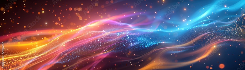 Poster vibrant abstract art with colorful light waves and particles creating a mesmerizing cosmic scene. pe