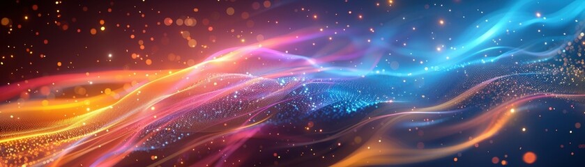 Fototapeta premium Vibrant abstract art with colorful light waves and particles creating a mesmerizing cosmic scene. Perfect for backgrounds and creative projects.