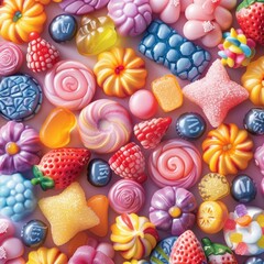 Fototapeta premium Vibrant assortment of colorful candies in various shapes including fruit, stars, and swirls, creating a cheerful and playful composition.