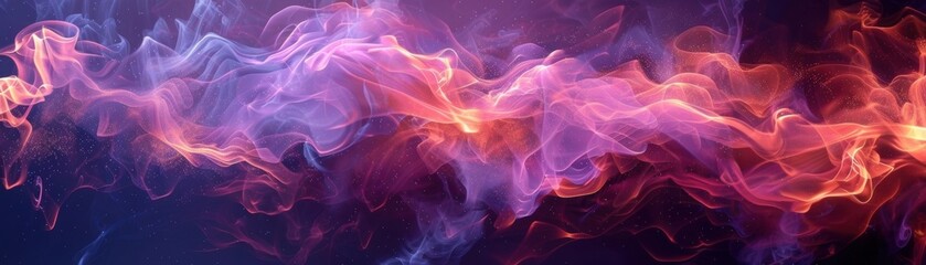Abstract vibrant smoke pattern in purple and orange hues, captured in motion against a dark background, creating a dynamic and mesmerizing visual effect.