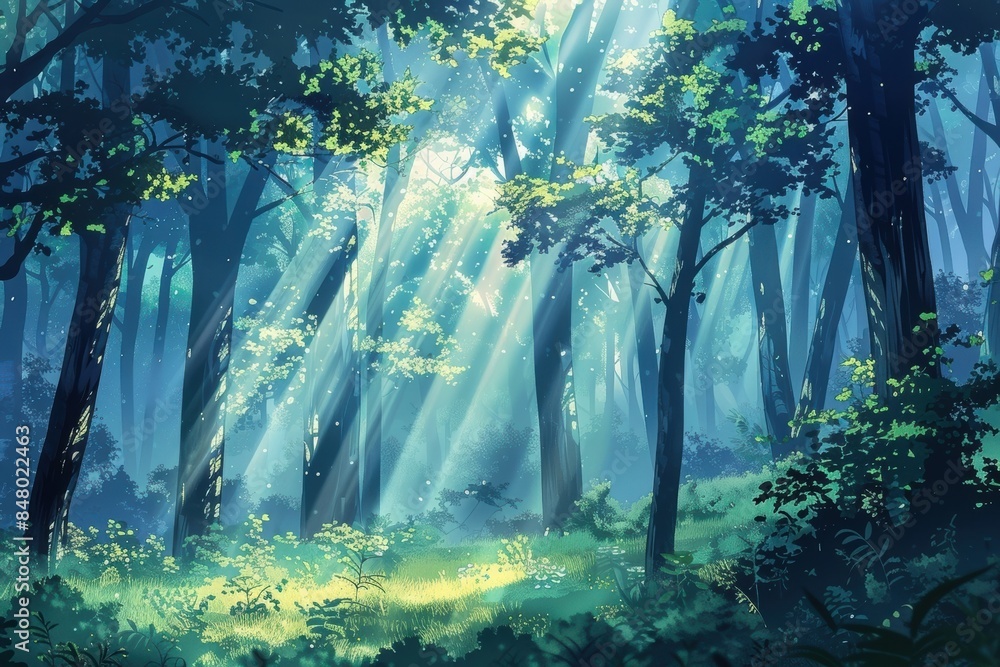 Poster sunlight filtering through tall trees in a tranquil forest, creating a serene and magical atmosphere