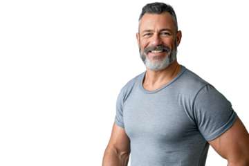 Smiling Muscular Senior Man in Gray T-Shirt on White Background