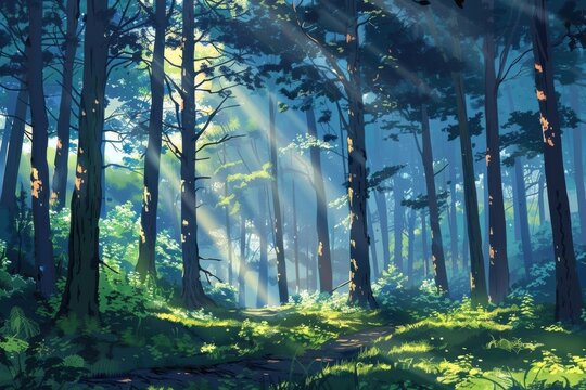 Sunlight streaming through dense forest trees, casting shadows and highlighting lush green foliage, creating a serene and magical woodland atmosphere.