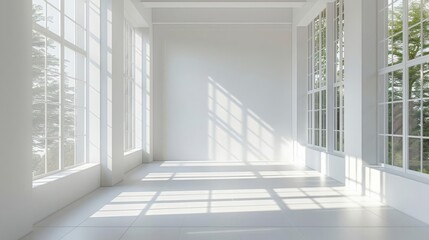 light-filled minimalist room with clean lines, white walls, and large windows casting soft shadows, perfect for a mockup backdrop