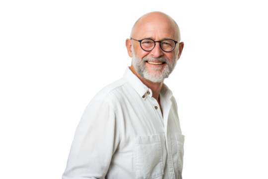 Smiling Bald Senior Man in White Shirt and Glasses on White Background
